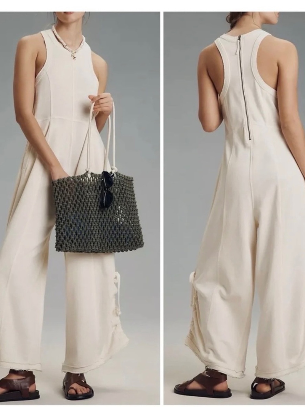 Daily Practice By Anthropologie Horizon Wide-Leg Knit Jumpsuit Ivory SZ XL